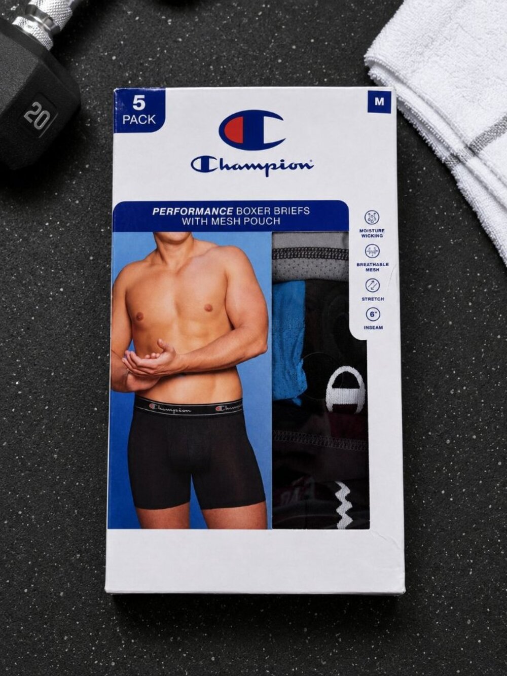 Champion Men's Medium Performance Boxer Briefs w Mesh Pouch 5 Pack